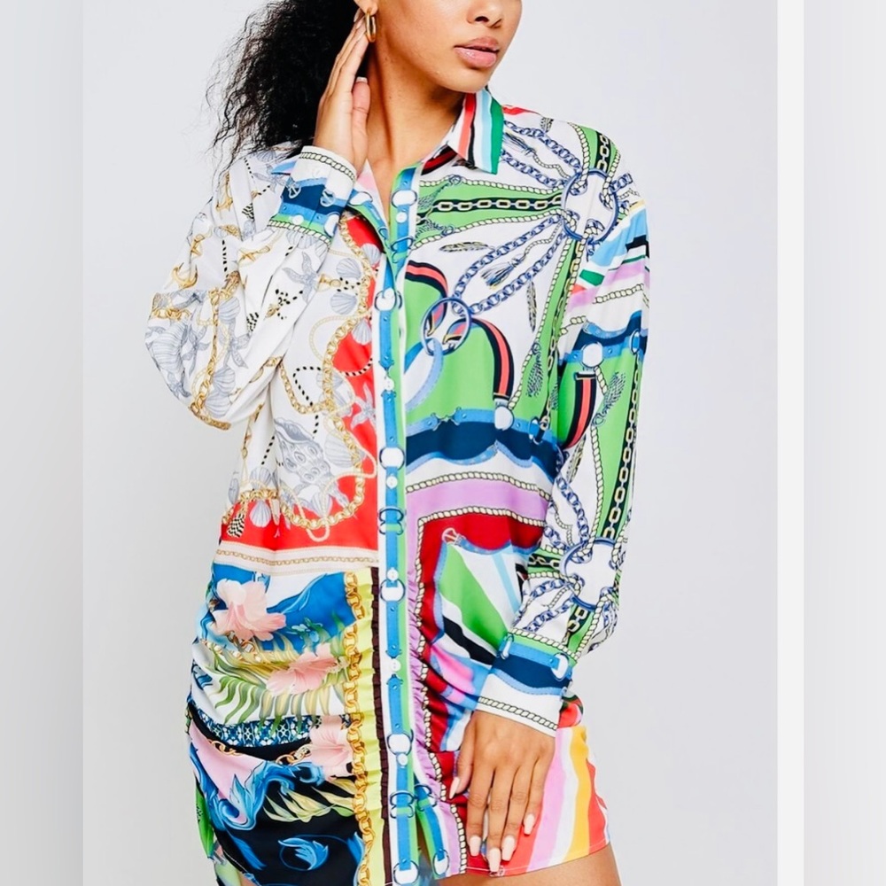 HER BOTTARI Colorful Chic and Sleek Button Down Dress Collared Classy / Small